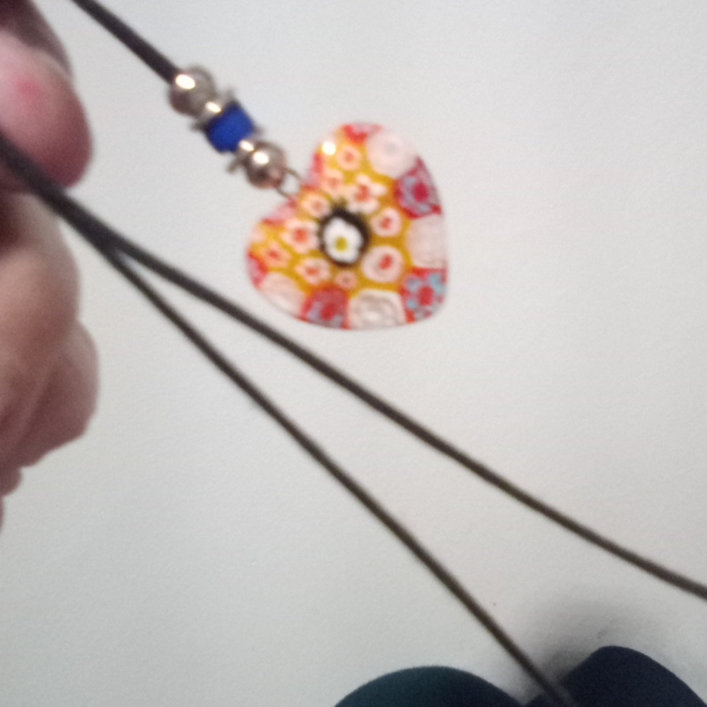 Vintage Floral Heart Glass Pendant on Slip Knot Cord - Picture 4 of 15
